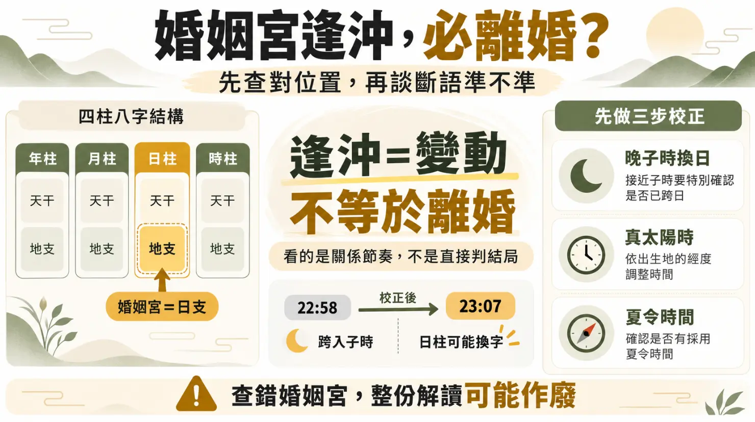探討八字婚姻宮逢沖迷思的解析圖解。畫面指出日支即為婚姻宮，強調逢沖代表關係變動而非必然離婚。右側列出晚子時換日、真太陽時與夏令時間三步校正法，提醒論斷前務必先確認時間正確，以免排錯日柱導致整份解讀作廢。