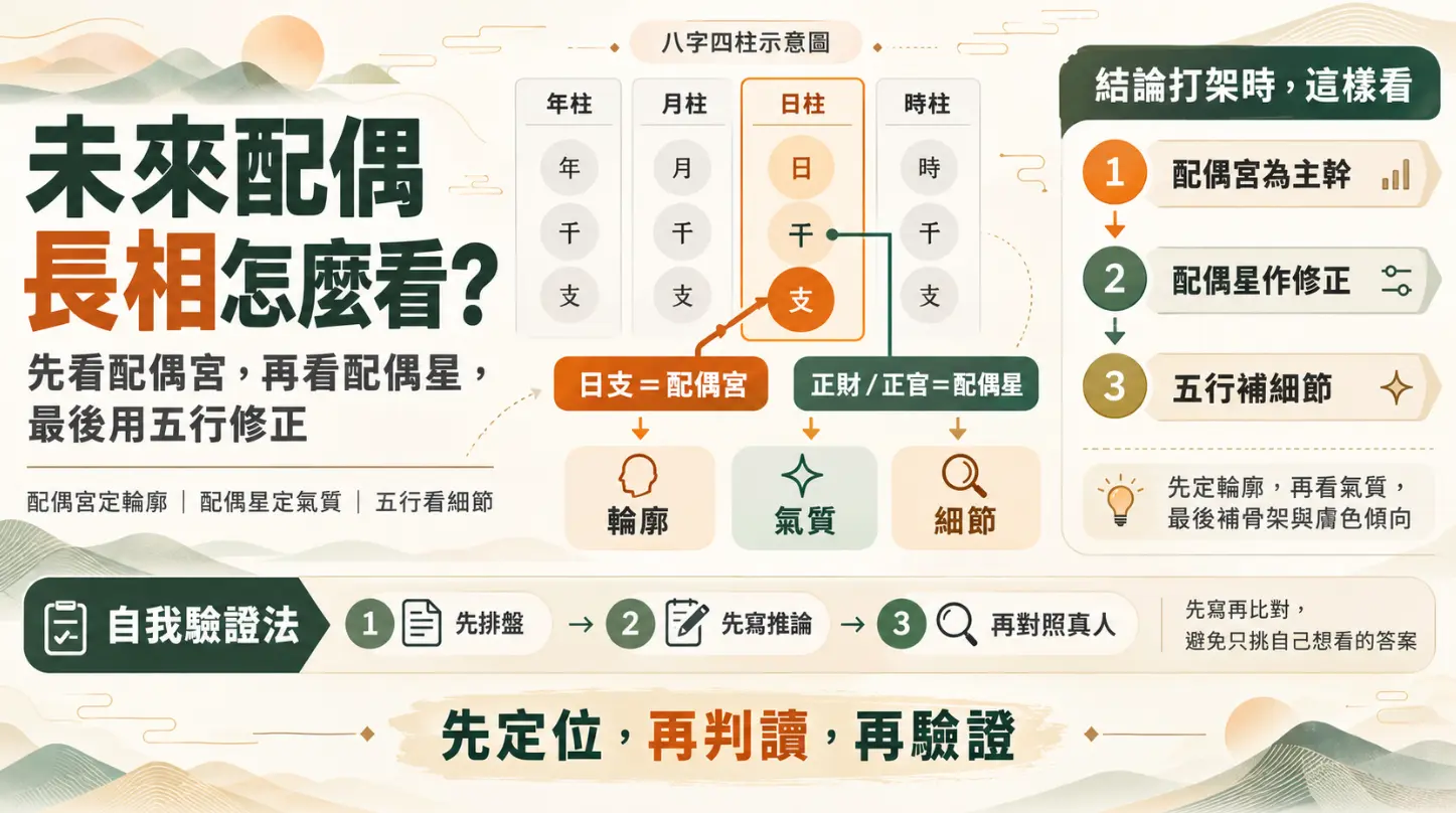 解析八字預測未來配偶長相的邏輯圖。畫面提出以日支配偶宮定輪廓為主幹，再搭配正財或正官等配偶星修正氣質，最後結合五行推演細節。圖中更附上排盤、寫推論再對照真人的自我驗證法，協助大眾客觀判讀，避免先入為主的偏誤。