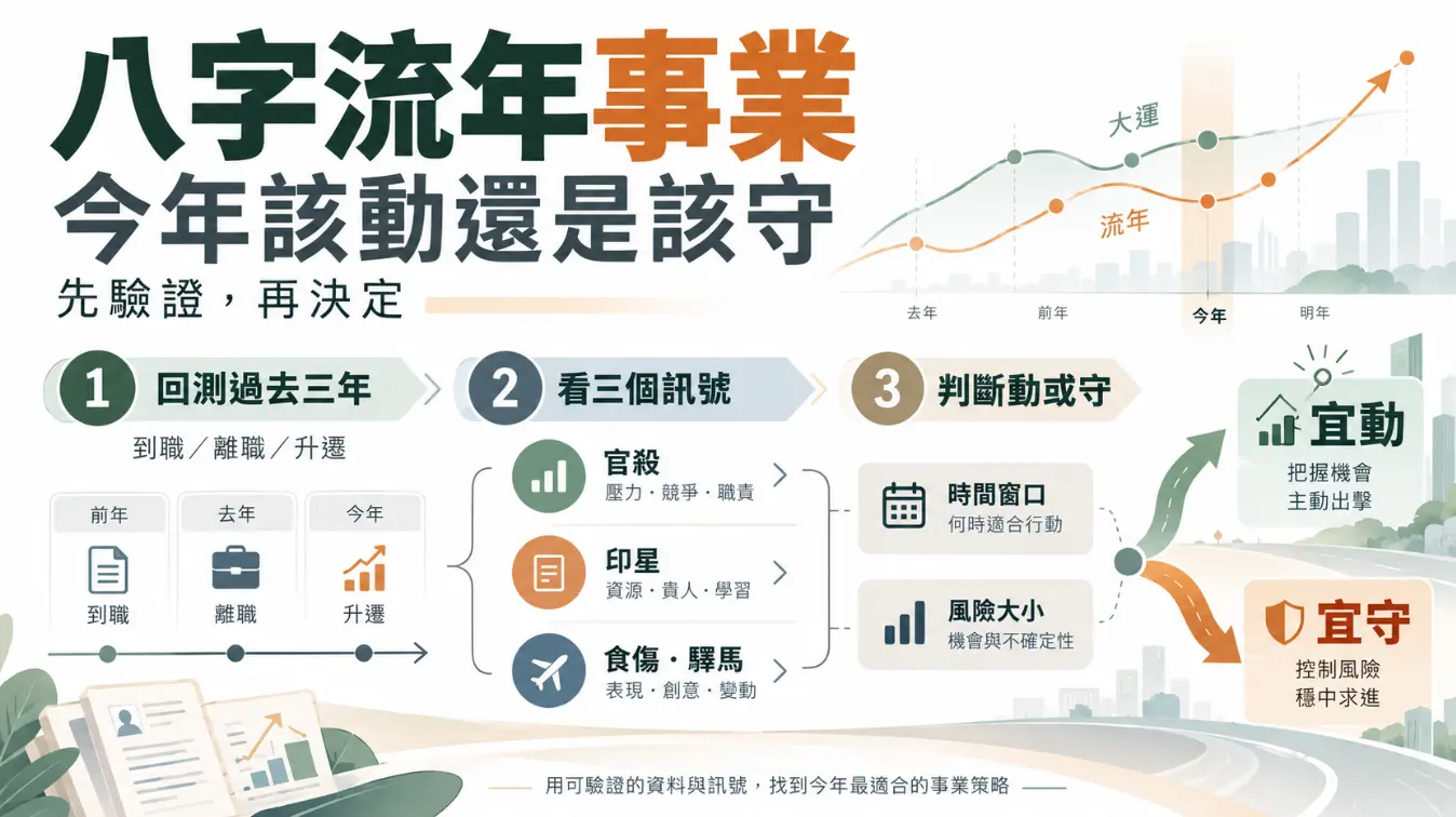 解析八字流年事業該動或守的決策流程圖。畫面提出先驗證再決定的三步驟：首要回測過去三年職涯軌跡，接著檢視官殺、印星與食傷驛馬等命理訊號，最後評估時間窗口與風險，客觀判斷今年策略宜主動出擊或穩中求進，避免盲目決策。