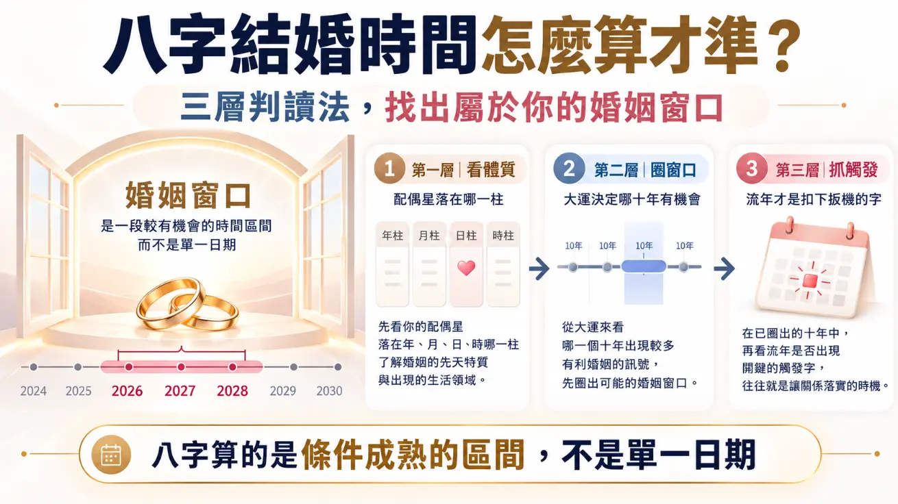 探討八字結婚時間預測邏輯的解析圖。畫面點出八字算的是條件成熟的區間而非單一確切日期的婚姻窗口。圖解三層判讀法：先看配偶星落於哪一柱了解先天體質，次由大運圈出有利婚姻的十年窗口，最後從流年抓出關鍵觸發字，精準掌握姻緣時機。