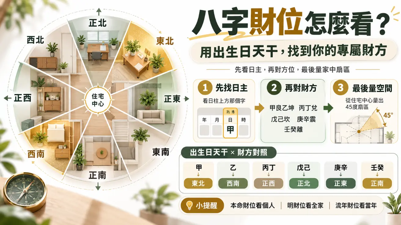 結合命理與空間的八字財位尋找指南圖。畫面以住宅俯瞰圖將空間劃分八大方位，右側說明透過出生日天干（日主）對照專屬財方，例如甲木對應東北、丙丁對應正西等。並提醒量測時應從住宅中心抓出45度扇區，幫助大眾精準佈置個人專屬的本命招財空間。
