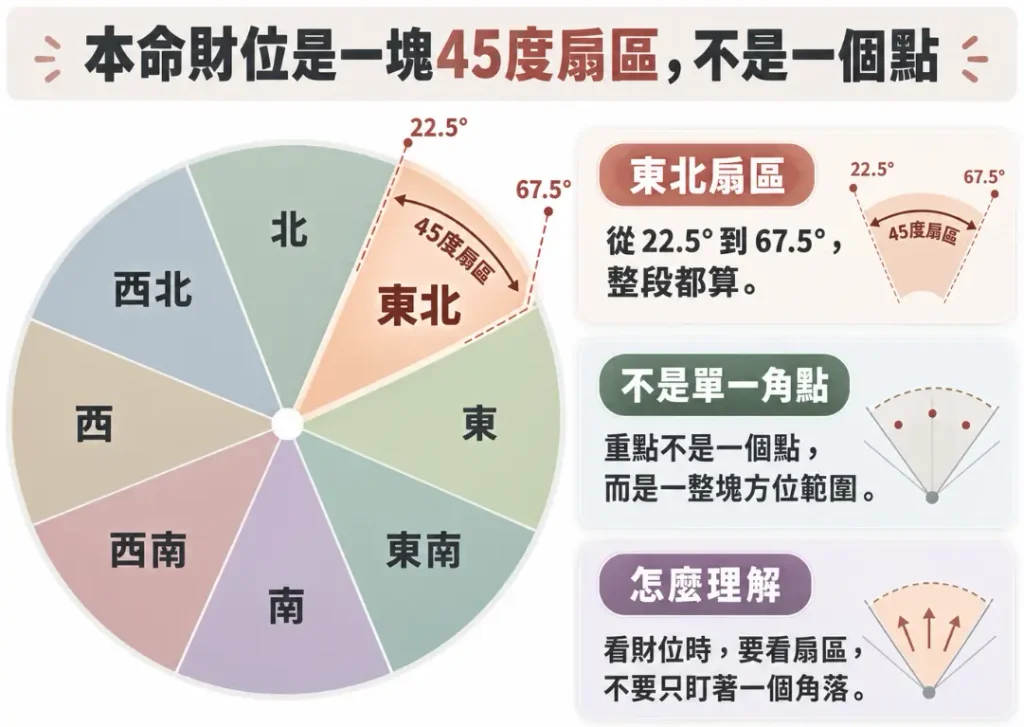 釐清八字財位空間範圍的正確觀念圖解。畫面以圓餅圖將平面劃分八個方位，特別以東北方為例，標示出從22.5度至67.5度的一整塊45度扇形區域。藉此打破傳統「財位只是單一角落」的迷思，提醒大眾佈置個人財方時，應著眼於整個扇區的氣場規劃。