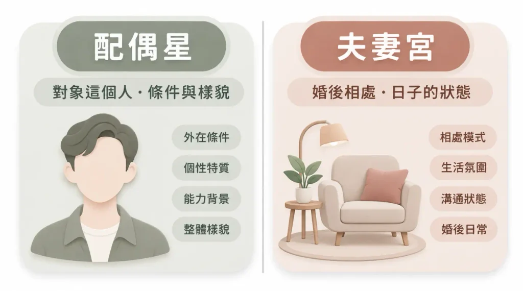 釐清八字配偶星與夫妻宮核心差異的對照圖。畫面左側標示配偶星聚焦於「對象這個人」,主導外在條件、個性與能力背景;右側則說明夫妻宮著重於「婚後相處」,反映生活氛圍與溝通狀態。圖文並茂幫助大眾精準區分兩條婚姻論斷線,避免混淆。