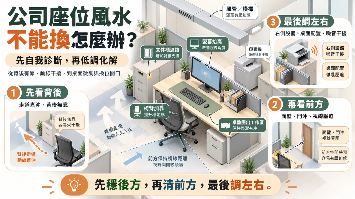 解析公司座位風水不佳時自我診斷與化解的步驟圖。圖中提出「先穩後方，再清前方，最後調左右」三大步驟，針對「背後無靠與走道直衝」、「前方門沖與視線受阻」、「左右設備干擾及雜亂」等常見問題，提供椅背加靠、螢幕抬高、文件櫃遮擋等低調改善對策。
