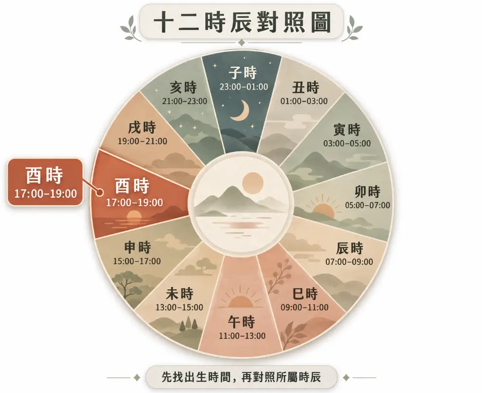 輔助查詢酉時是幾點的十二時辰對照圖。畫面以24小時制圓環羅列十二地支，清晰標示出酉時落在傍晚17:00至19:00的區間，對應著日落時分。幫助大眾先確認出生時間，再直觀對照找出所屬的精準時辰，是八字排盤的基礎實用工具。