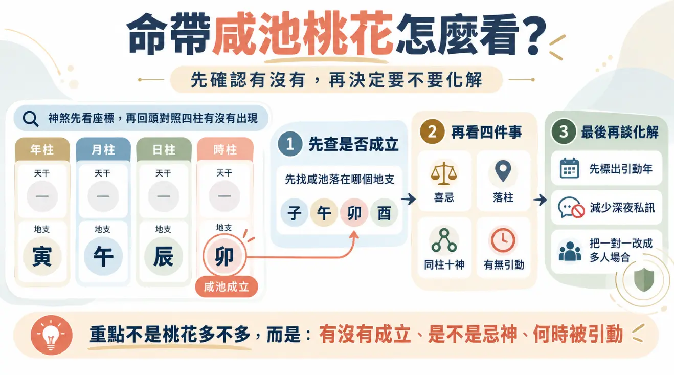 解析命帶咸池桃花判讀步驟的教學圖解。畫面指出重點在於是否成立、是否為忌神及何時引動。流程依序為：先查子午卯酉地支是否成立，再檢視喜忌、落柱、十神與引動，最後提出標註引動年、減少深夜私訊與改多人場合等化解方式。