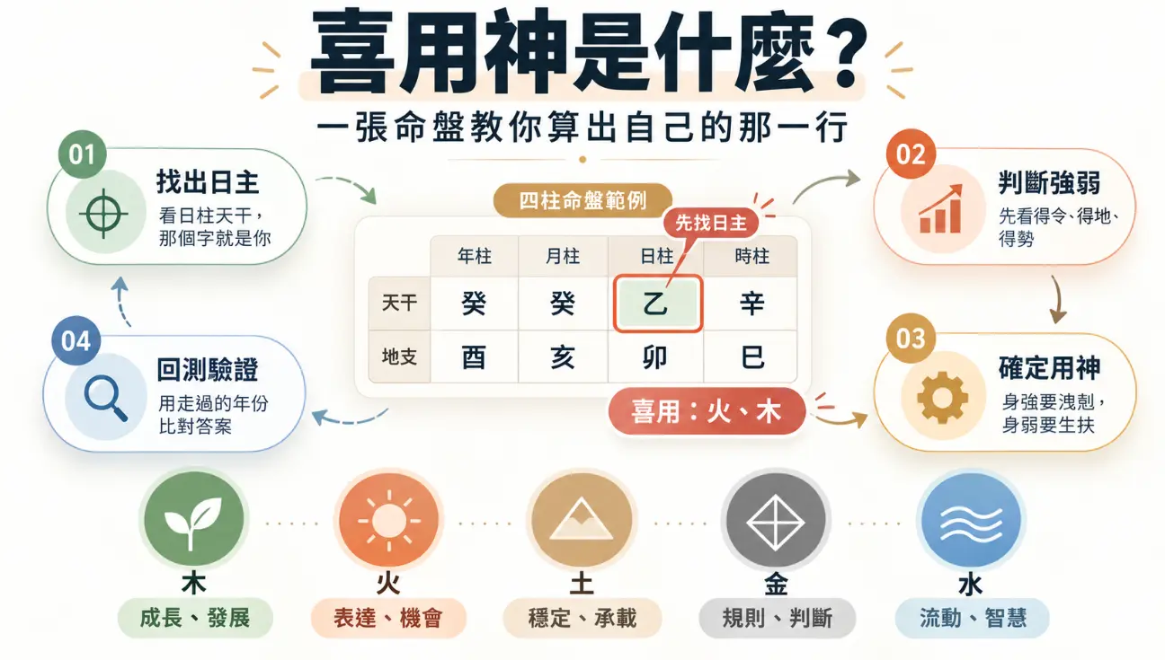 解答喜用神是什麼的八字四步驟教學圖解。畫面以乙木日主為例，示範從找出日主、判斷強弱，到確定「身強要洩剋，身弱要生扶」的用神取法，最後透過流年回測驗證。下方並列出五行對應的成長、表達等意義，助人精準掌握專屬開運能量。