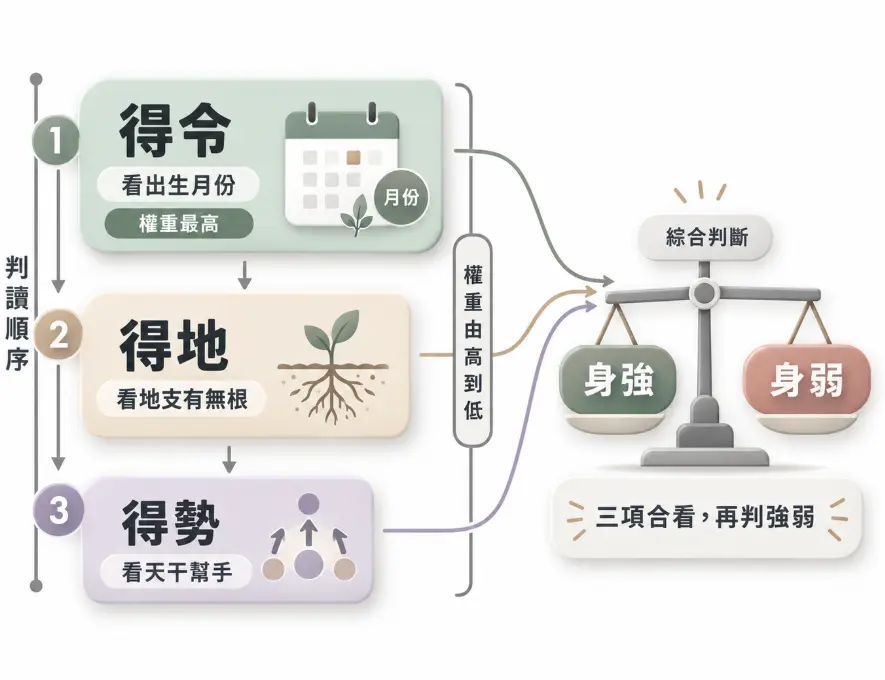 輔助理解喜用神是什麼的身強身弱綜合判斷圖。畫面揭示權重由高至低的三大判讀順序：先看出生月份的「得令」，次看地支有無根基的「得地」，最後看天干幫手的「得勢」。強調必須將三要素放上天平綜合評量，才能精準定調日主強弱，進而抓對專屬喜用神。