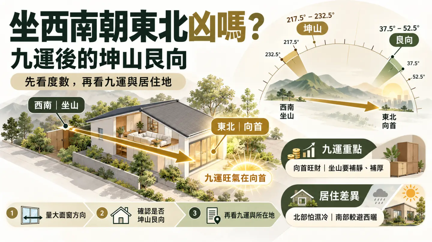 解析坐西南朝東北風水（坤山艮向）在九運中吉凶的指南圖。畫面呈現房屋的坐山（西南）與向首（東北），並說明九運中「向首旺財，坐山要補靜補厚」的重點。提醒需測量面窗度數確認是否為坤山艮向，並考量南北氣候差異帶來的居住影響。