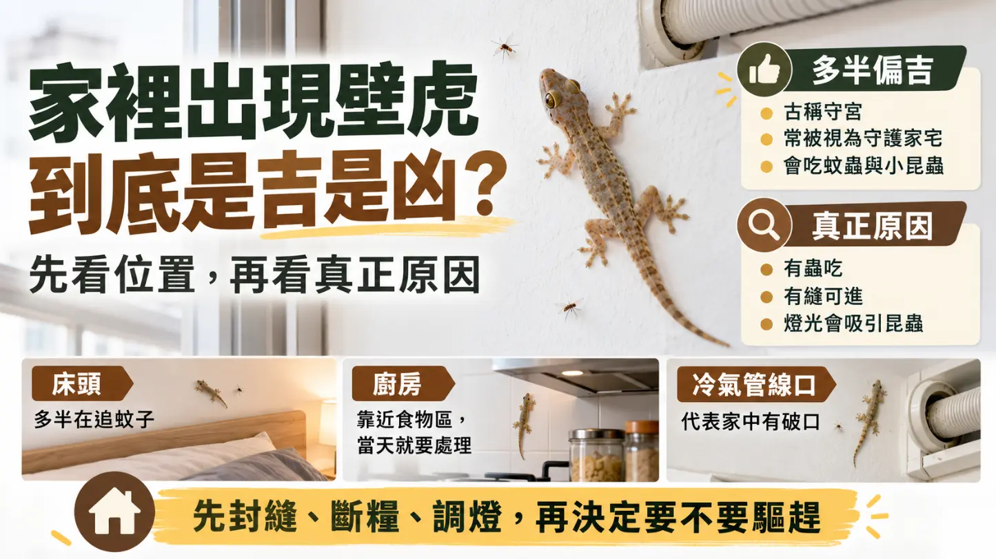 分析家裡出現壁虎風水吉凶的科普圖。畫面點出古稱守宮的壁虎多半偏吉，能吃蚊蟲守護家宅，但其出沒真正反映了有蟲、有縫及燈光吸引等問題。圖中針對床頭、廚房、冷氣管等位置提供分析，建議先封縫、斷糧、調燈來改善，不宜盲目當凶兆化解。