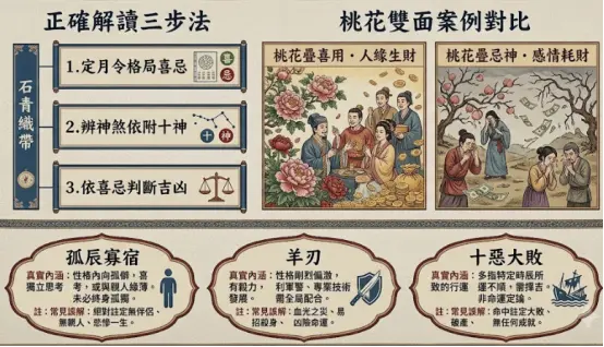 說明如何看八字格局與神煞吉凶的判讀步驟圖。左側依序提出定月令喜忌、辨神煞依附與斷吉凶三步法；右側對比桃花疊喜用與疊忌神的雙面效應；下方同步澄清孤辰寡宿、羊刃及十惡大敗的真實涵義，強調神煞必須回歸格局喜忌客觀論斷。