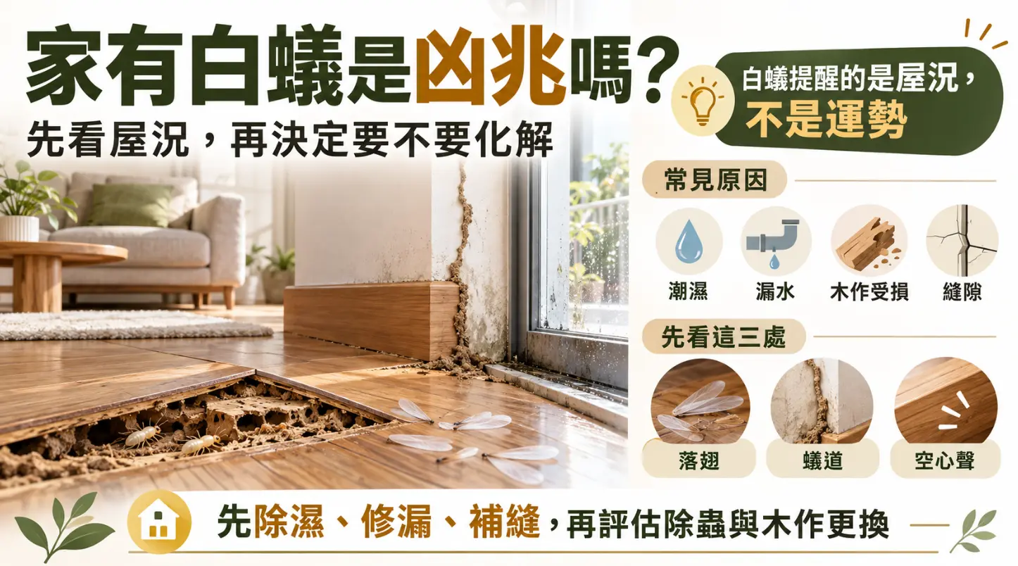 解析家有白蟻風水凶兆迷思的科普指南圖。畫面破除白蟻代表運勢衰退的迷思，點出其真正反映的是潮濕、漏水等屋況警訊。圖中列出落翅、蟻道與空心聲三大檢視重點，呼籲大眾先除濕補漏，再進行除蟲，以科學角度化解居家危機。