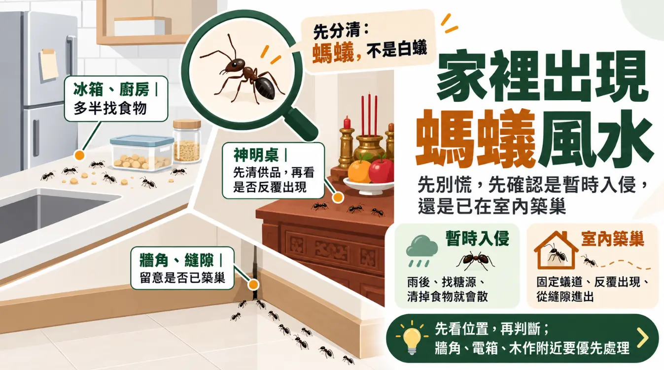 探討家裡出現螞蟻風水涵義與實務應對的解析圖。畫面引導先確認蟲體為螞蟻，並指出需檢查廚房冰箱、神明桌供品或牆角縫隙等常見出沒點。圖表進一步區分雨後覓食的暫時入侵與出現固定蟻道的室內築巢，提醒大眾先釐清位置再客觀判斷環境問題。