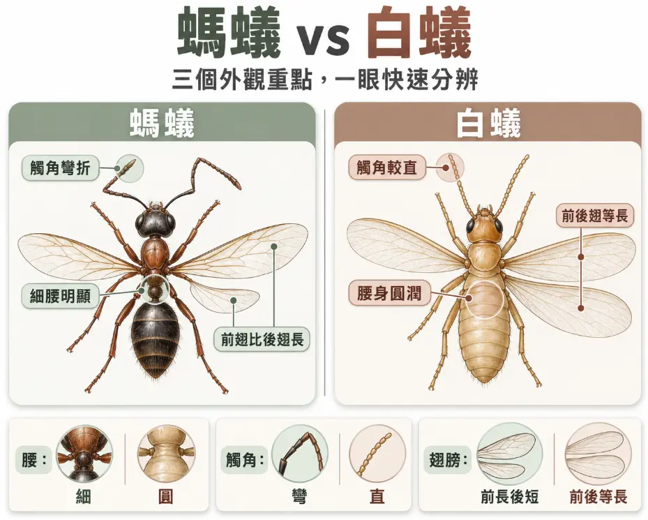 輔助釐清家裡出現螞蟻風水疑慮的蟲體特徵對照圖。畫面並列螞蟻與白蟻的三項重點差異：螞蟻具備明顯細腰、觸角彎折且前翅長於後翅；白蟻則呈現腰身圓潤、觸角平直且前後翅等長。透過客觀生物特徵放大對比，幫助大眾一眼快速正確分辨昆蟲種類。