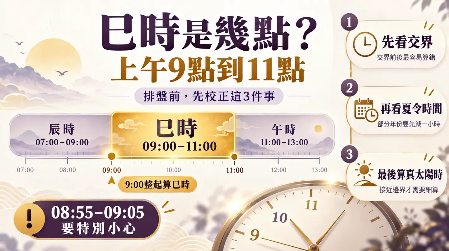 解答巳時是幾點的排盤校正教學圖。畫面明確指出巳時為上午九點至十一點，並提醒排盤前須檢視交界、夏令時間與真太陽時等三步校正。特別標示08:55至09:05為交界高風險區段，呼籲格外謹慎以防算錯。