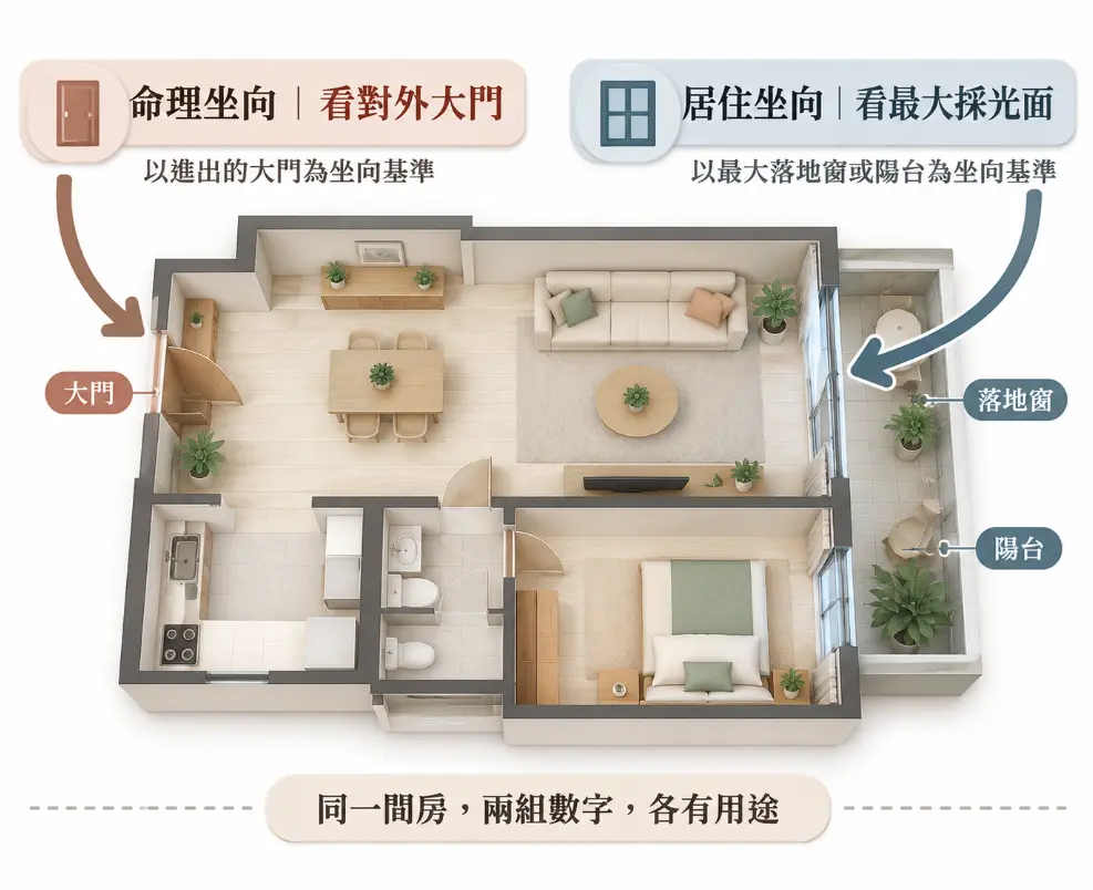 釐清房屋坐向風水兩大基準的3D空間對照圖。左側標示「命理坐向」以進出大門為基準；右側說明「居住坐向」則看最大採光的落地窗或陽台。強調同一間房會產生兩組數據，各有其生活與命理用途，切勿混淆。