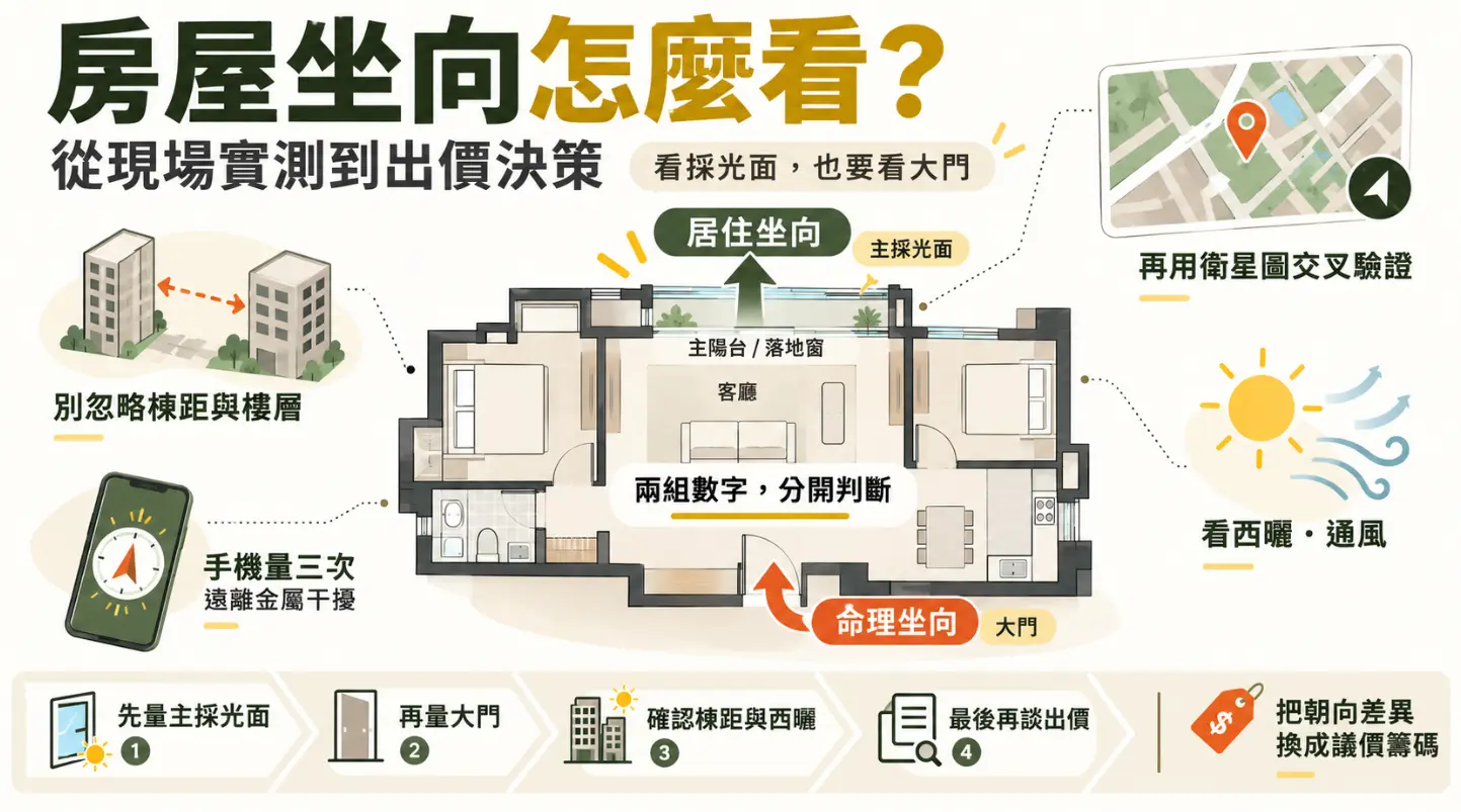解析房屋坐向風水的實務測量與決策圖。圖中以格局圖對比大門的命理坐向與採光面的居住坐向，提醒需留意棟距與西曬。建議以手機避開金屬實測並用衛星圖驗證，將朝向優劣轉化為購屋的實質議價籌碼。