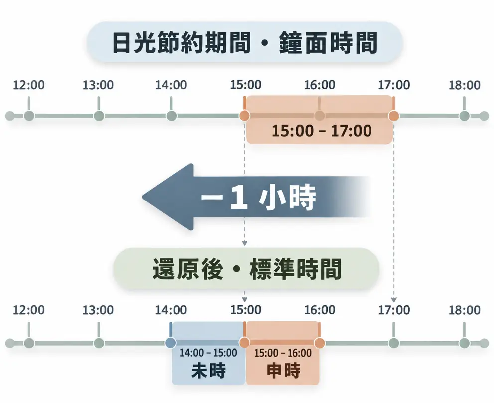 展示日光節約期間如何影響申時是幾點的還原示意圖。畫面呈現「-1小時」的還原過程,上方鐘面時間15:00至17:00在扣除日光節約時間後,還原為標準時間14:00至16:00,進而將前半小時劃歸為未時,後半小時才屬申時,避免錯判時辰。