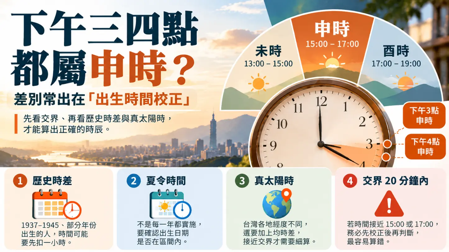 探討時辰查詢精準度與出生時間校正的實務教學圖。畫面以申時為例，點出排盤前務必經過歷史時差、夏令時間、真太陽時，以及交界20分鐘內等四大關鍵校正評估，才能避免算錯時辰，確保後續八字命盤解析的準確度。