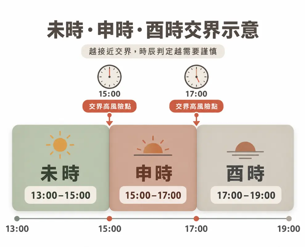 解析時辰查詢中高風險區段的交界示意圖。畫面列出未時、申時與酉時的涵蓋區間，並特別標示下午三點與五點整為交界高風險點。藉此提醒大眾，越接近時辰交界，判定越需要謹慎，務必搭配時間校正，以免落入排錯盤的誤區。