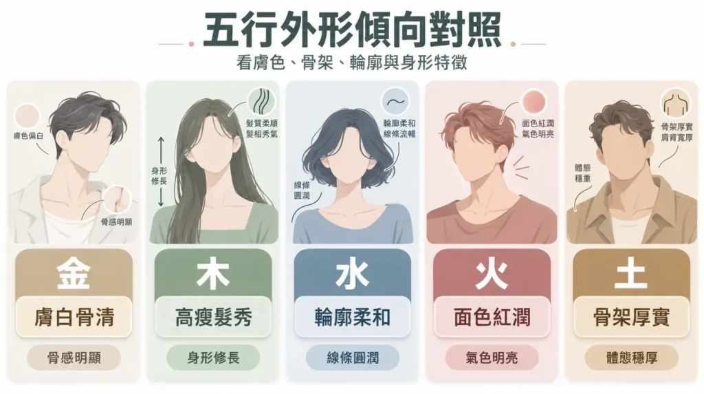 輔助判讀未來配偶長相的五行外形特徵對照圖。畫面將五行具象化為五種身形輪廓：金主膚白骨清、木主高瘦髮秀、水主輪廓柔和、火主面色紅潤，土則代表骨架厚實。透過圖文並茂的說明，幫助大眾依據五行屬性，精準對應出骨架與膚色傾向。