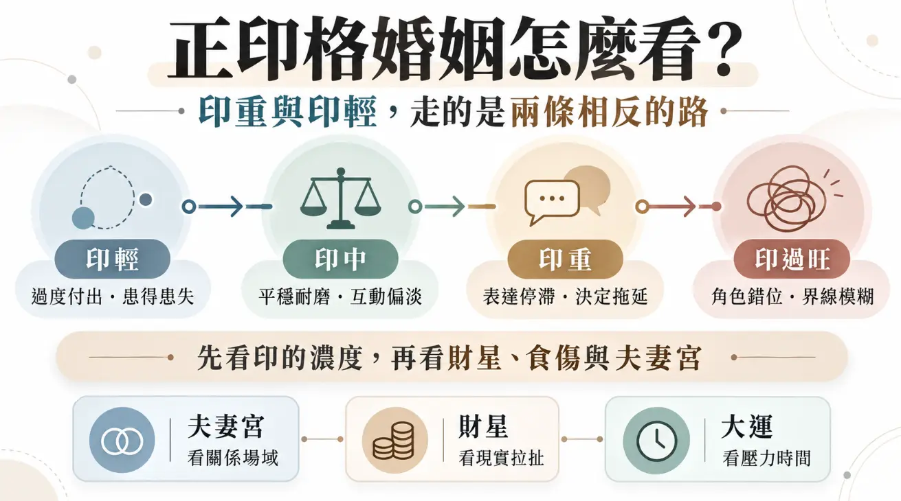 探討正印格婚姻觀念的解析圖。畫面點出印重與印輕會走向相反的情感發展，將印星濃度分為印輕過度付出、印中平穩耐磨、印重表達停滯，及印過旺角色錯位四階段。提醒論婚戀時應先看印的濃度，再綜合評估夫妻宮、財星與大運，全面掌握關係特質。