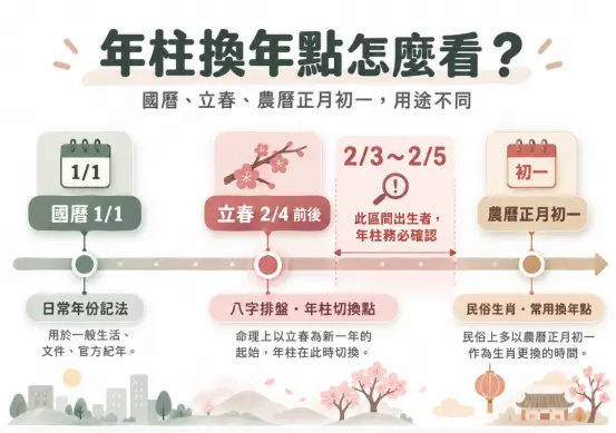 輔助理解流年意思的年柱換年點與三大曆法用途對照圖。畫面將國曆元旦、立春與農曆初一標示於時間軸，釐清各自在日常紀年、八字排盤與民俗生肖上的不同用途。圖中特別圈出二月三日至五日立春前後為年柱交替的高風險區段，提醒排盤前務必精確確認。
