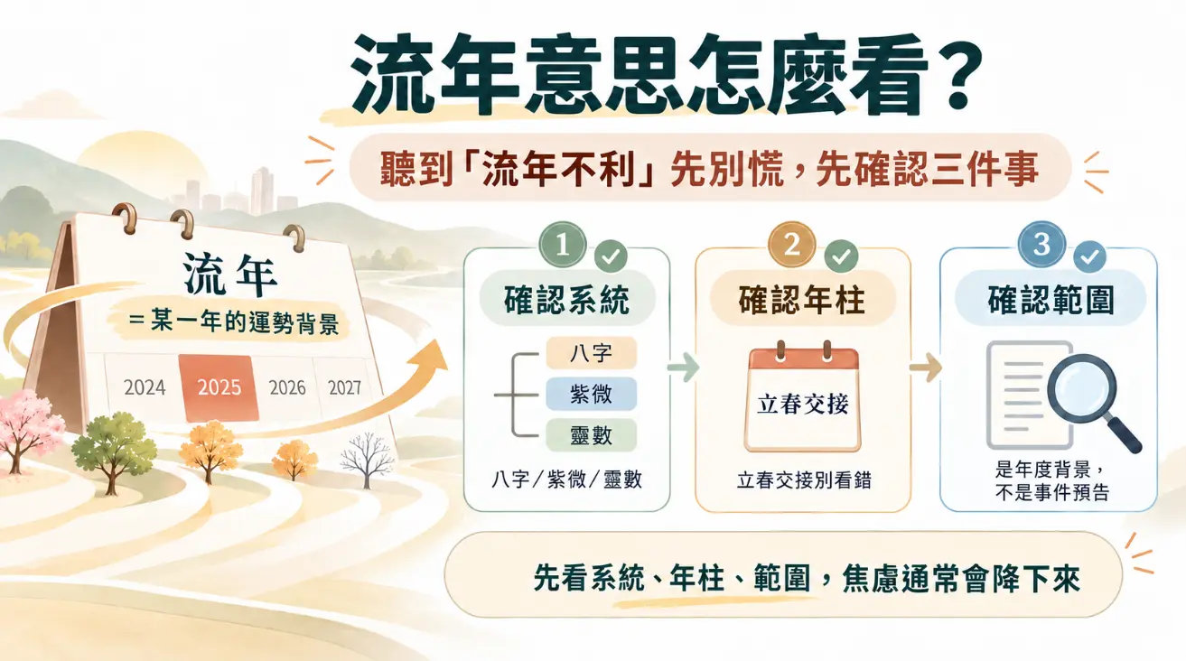 釐清流年意思與破除「流年不利」焦慮的實用圖解。畫面指出流年僅代表某一年的運勢背景，並非單一事件預告。提醒大眾聽聞流年不利時先別慌，應先確認八字等命理系統、立春年柱交接點以及解讀範圍這三件事，有助於客觀面對運勢起伏降下焦慮。