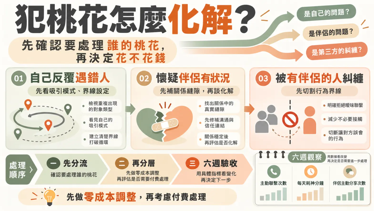 解析犯桃花如何化解的實用決策圖。畫面將情境分為自己遇錯人、伴侶有狀況或遭第三方糾纏三類。提醒處理順序應先分流對象，以調整界線等零成本方式優先處理，並透過聯繫次數等具體指標進行六週驗收，切勿盲目花錢求助化解。