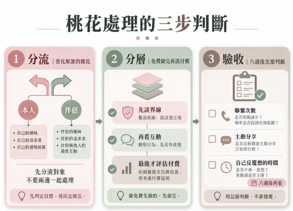 圖解面對犯桃花困擾的三步處理邏輯。第一步「分流」先分清要化解本人或伴侶的桃花；第二步「分層」先談界線與觀察互動，無改善再評估付費；第三步「驗收」則在六週後檢視聯繫次數、分享意願與反覆焦慮時間，強調以客觀紀錄取代主觀感覺。