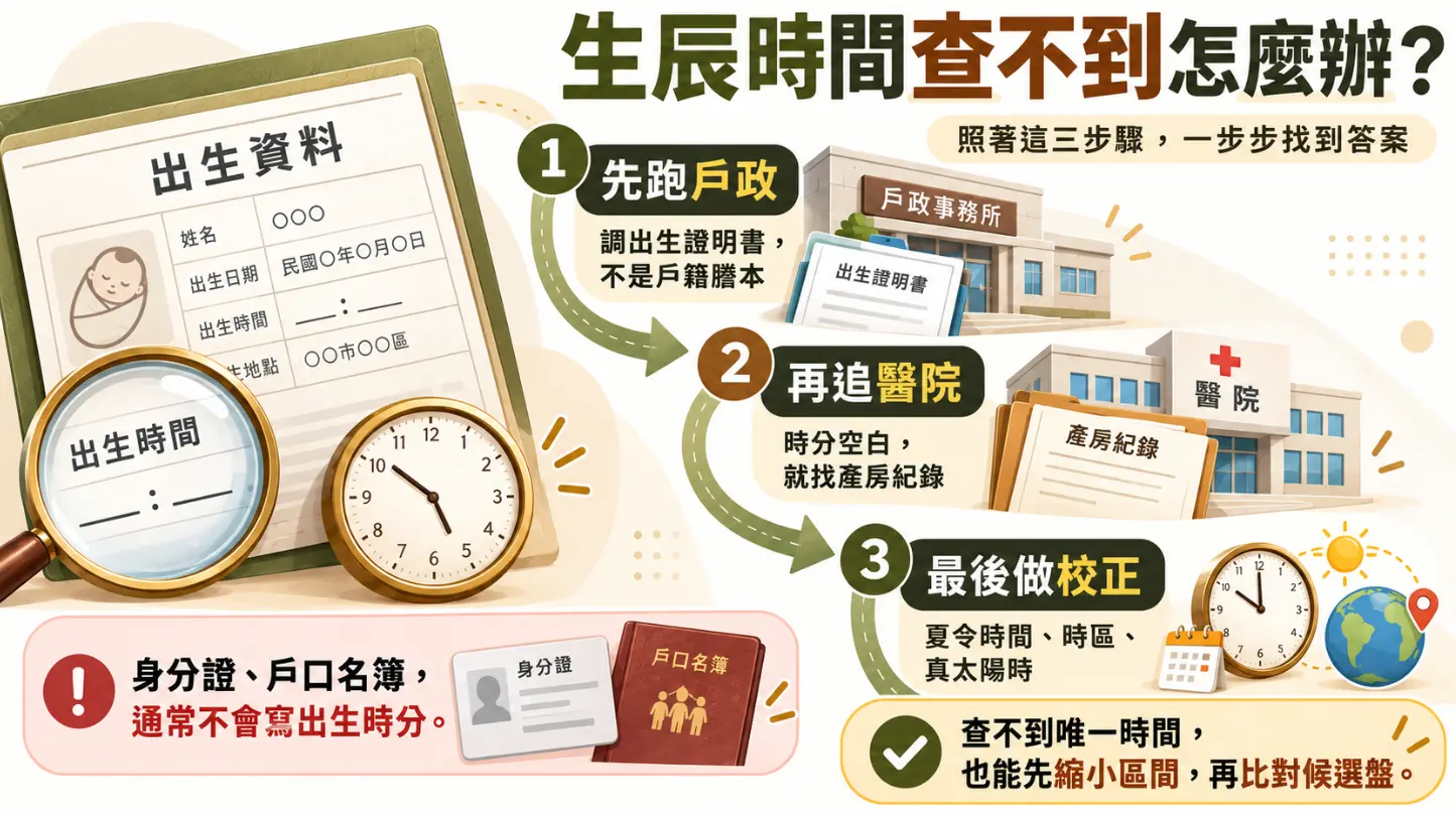 指導生辰時間查不到時如何找回紀錄的三步驟流程圖。畫面提醒身分證與戶口名簿通常不載明出生時分，建議依序先跑戶政事務所調閱出生證明書、再向出生醫院追查產房紀錄，最後進行夏令時間與真太陽時校正；即使無唯一時間，也能先縮小區間再比對候選命盤。