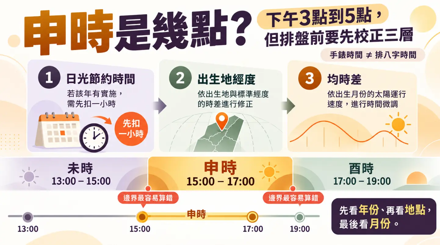 解析申時是幾點與排盤前時間校正的科普圖。畫面指出申時為下午15:00至17:00，並強調「手錶時間不等於排八字時間」。排盤前須檢視日光節約時間（先扣一小時）、出生地經度，以及均時差等三層修正，才能避免在邊界算錯時辰。