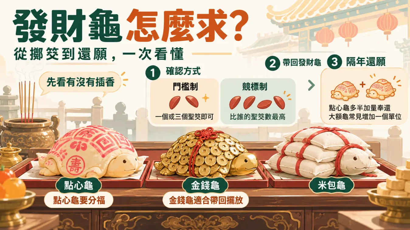 詳解廟宇發財龜祈求與還願完整流程的攻略圖。畫面展示點心龜、金錢龜與米包龜三種常見款式，並梳理從確認門檻制或競標制、請供回家，到隔年加碼還願的三大步驟。提醒信眾擲筊前先留意有無插香，確保求財禮俗正確無誤。
