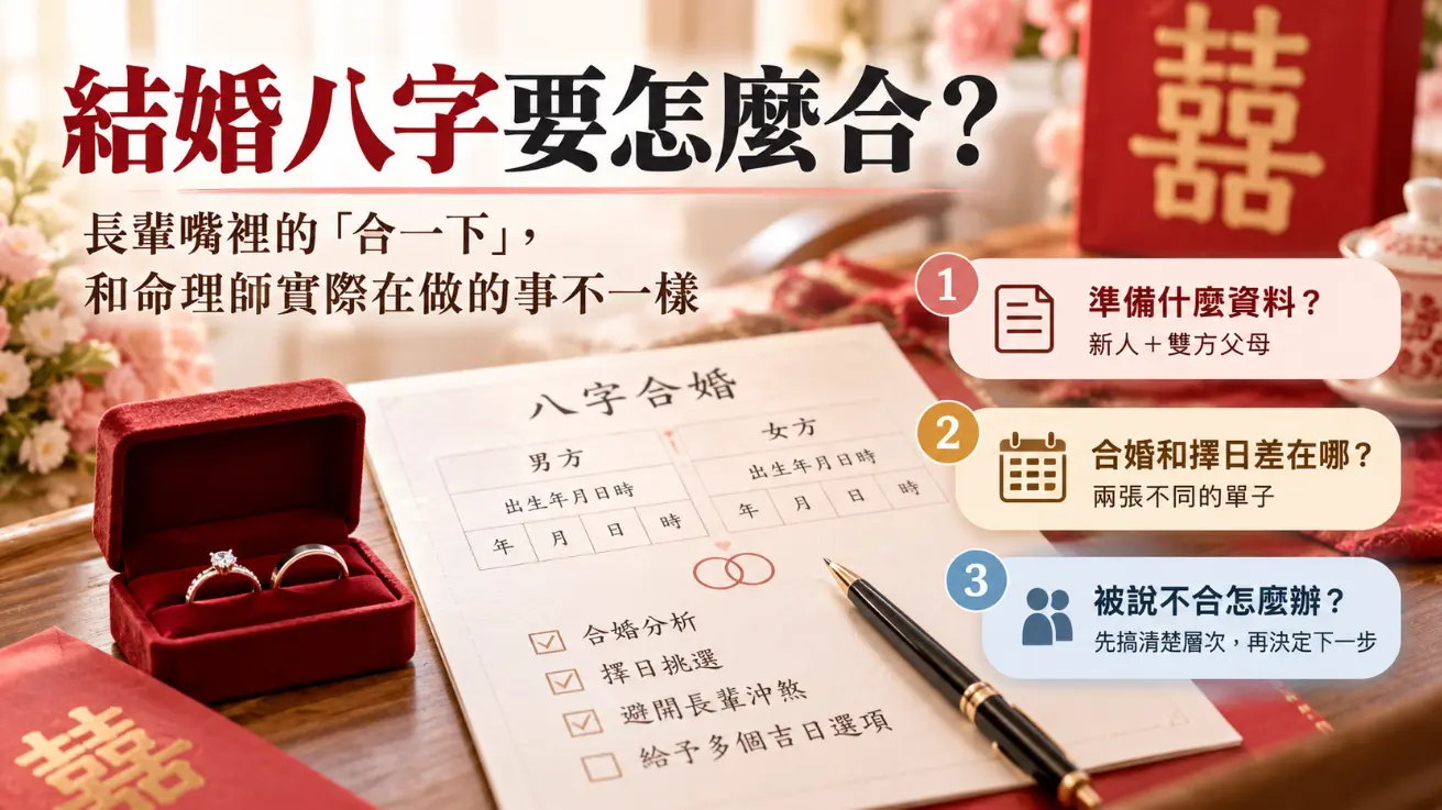 探討結婚八字合婚實務的解析圖。畫面點出長輩口中的「合一下」與命理實務的差異，並列出三大核心疑問：需準備新人與雙方父母資料、釐清合婚與擇日的不同，以及若被判定不合應先釐清層次再做決定。幫助準新人建立正確觀念，化解籌備期的焦慮。