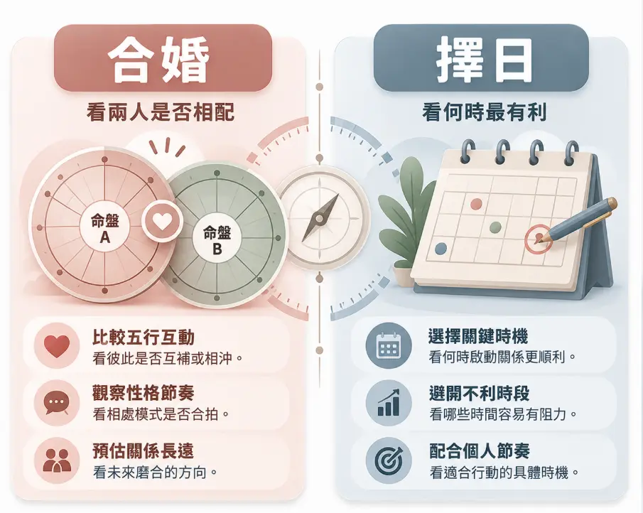 釐清結婚八字實務中合婚與擇日核心差異的對照圖。左側說明合婚旨在「看兩人是否相配」，透過比對命盤五行互動與性格節奏來預估未來磨合方向。右側指出擇日則是「看何時最有利」，重點在於選擇關鍵時機、避開不利時段，配合個人節奏找出最適合啟動關係的具體時間。