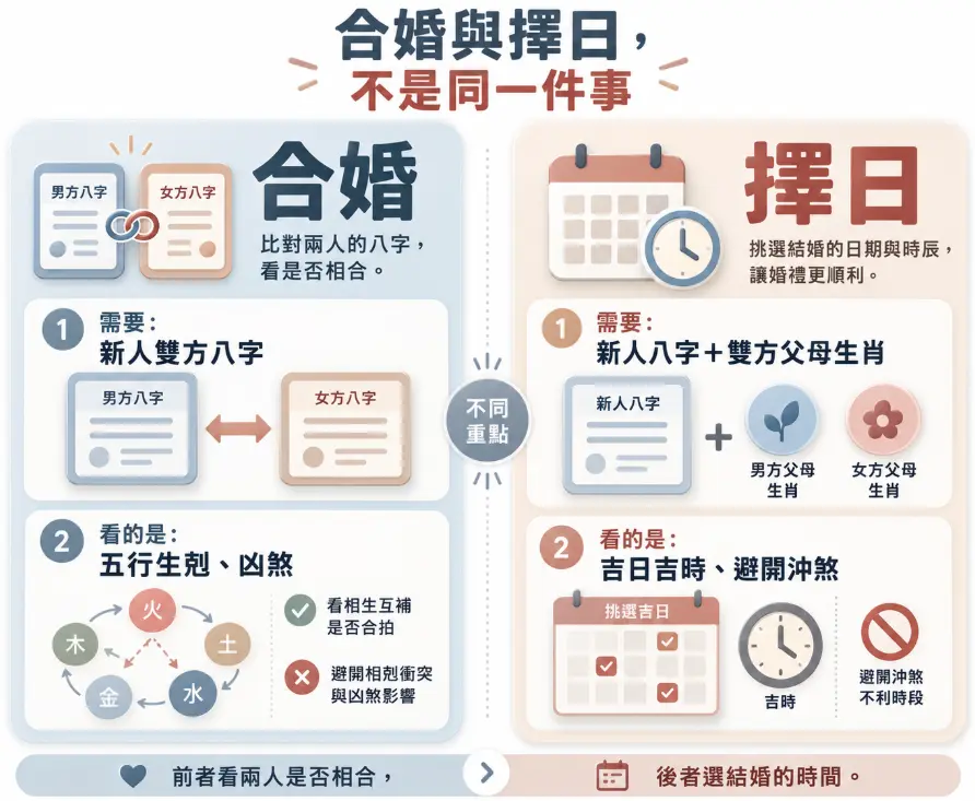 釐清結婚八字實務中合婚與擇日差異的對照圖。左側說明合婚僅需新人八字，旨在評估五行生剋看兩人是否相合；右側指出擇日須加入雙方父母生肖，重點是挑選吉日時辰並避開沖煞以決定結婚時間。圖表幫助大眾精準掌握兩項命理服務的不同用途。
