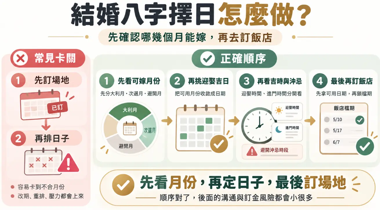 指導結婚八字擇日正確籌備順序的實用圖解。畫面左側點出「先訂場地再排日子」的常見卡關誤區；右側則給出正確順序：先看可嫁月份（大利月/次選月），再挑迎娶吉日，接著確認吉時與沖忌，最後才拿可用日期去訂飯店。提醒新人順序對了，才能大幅降低溝通與訂金風險。