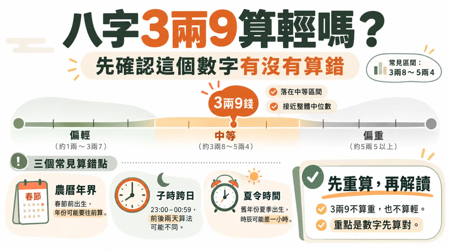 解析八字3兩9輕重定位與排盤易錯點的圖解。畫面透過數線將稱骨算命分為偏輕、中等與偏重，標示出3兩9錢正處於中位數的中等區間。底部特別列出農曆春節年界、子時跨日與夏令時間三大常見算錯盲區，提醒大眾解讀前務必先重算確認數字正確性。