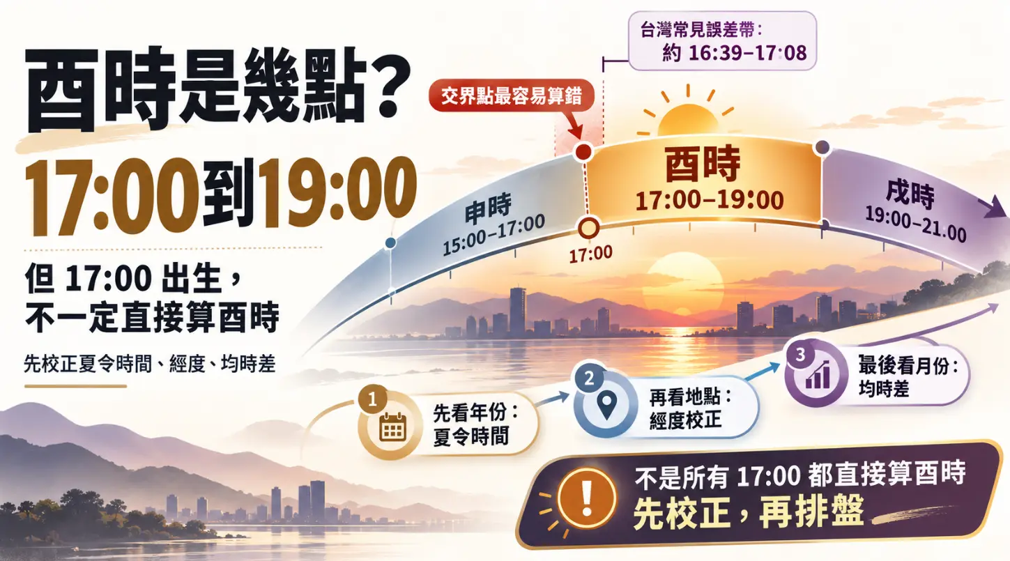 詳解酉時是幾點與排盤交界校正指南圖。畫面點出酉時為17:00至19:00，但強調17:00出生不一定就是酉時。排盤前務必先依年份看夏令時間、依地點做經度校正，並考量均時差，避免落入交界點算錯時辰的排盤誤區。