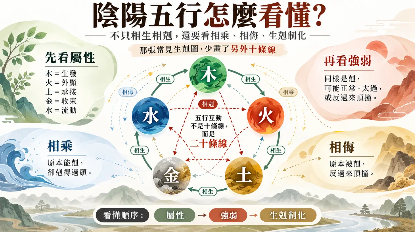 說明陰陽五行進階互動關係的圖解。畫面指出看懂五行不能只看相生相剋，還需加入相乘與相侮的概念。圖中詳列木火土金水屬性，並強調依序從屬性、強弱到生剋制化來判讀，透過二十條線的完整網絡，精準掌握能量的動態變化。