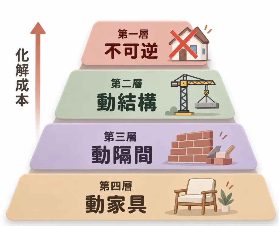呈現陽宅風水格局缺失化解成本的金字塔階層圖。由底層至頂層依序為最容易調整的動家具軟裝、中等成本的動隔間工程、高難度與高花費的動建築結構，到頂層無法改善的不可逆硬傷。直觀呈現房屋格局問題對裝修預算與居住影響的嚴重程度。