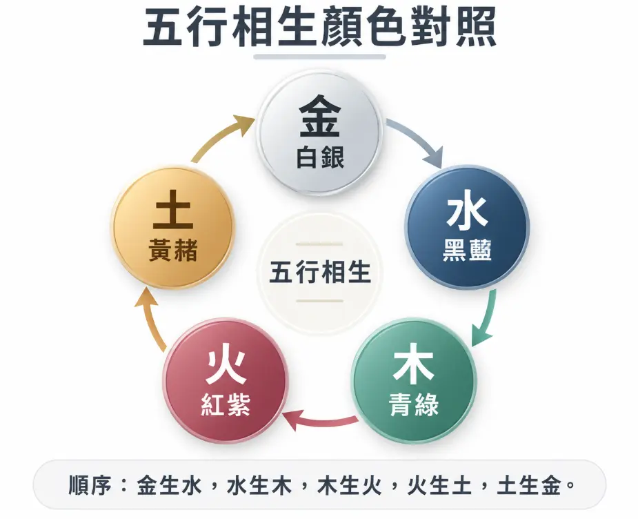 輔助挑選風水顏色生肖配置的五行相生圖表。畫面以順時針圓環，清晰展示金生水、水生木、木生火、火生土、土生金的能量流動脈絡。各五行皆標註對應代表色，如木對青綠、火對紅紫等，提供大眾精準搭配開運色彩的核心理論基礎。