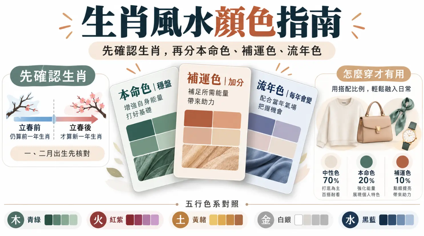 結合風水顏色生肖的開運色彩應用指南圖。畫面提醒先以立春為界確認生肖，並將色彩劃分為穩盤的本命色、加分的補運色與變動的流年色。右側更提供中性色打底配合本命與補運色的黃金穿搭比例，助人將五行能量自然融入日常。