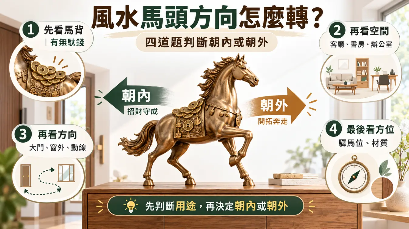 解析風水馬頭方向該朝內或朝外的評估圖。畫面以馱錢銅馬為核心，列出看馬背有無馱錢、看空間屬性、確認門窗動線，以及搭配驛馬方位與材質的四道判斷題。強調應先釐清招財守成或開拓奔走之用途，再決定最終朝向。